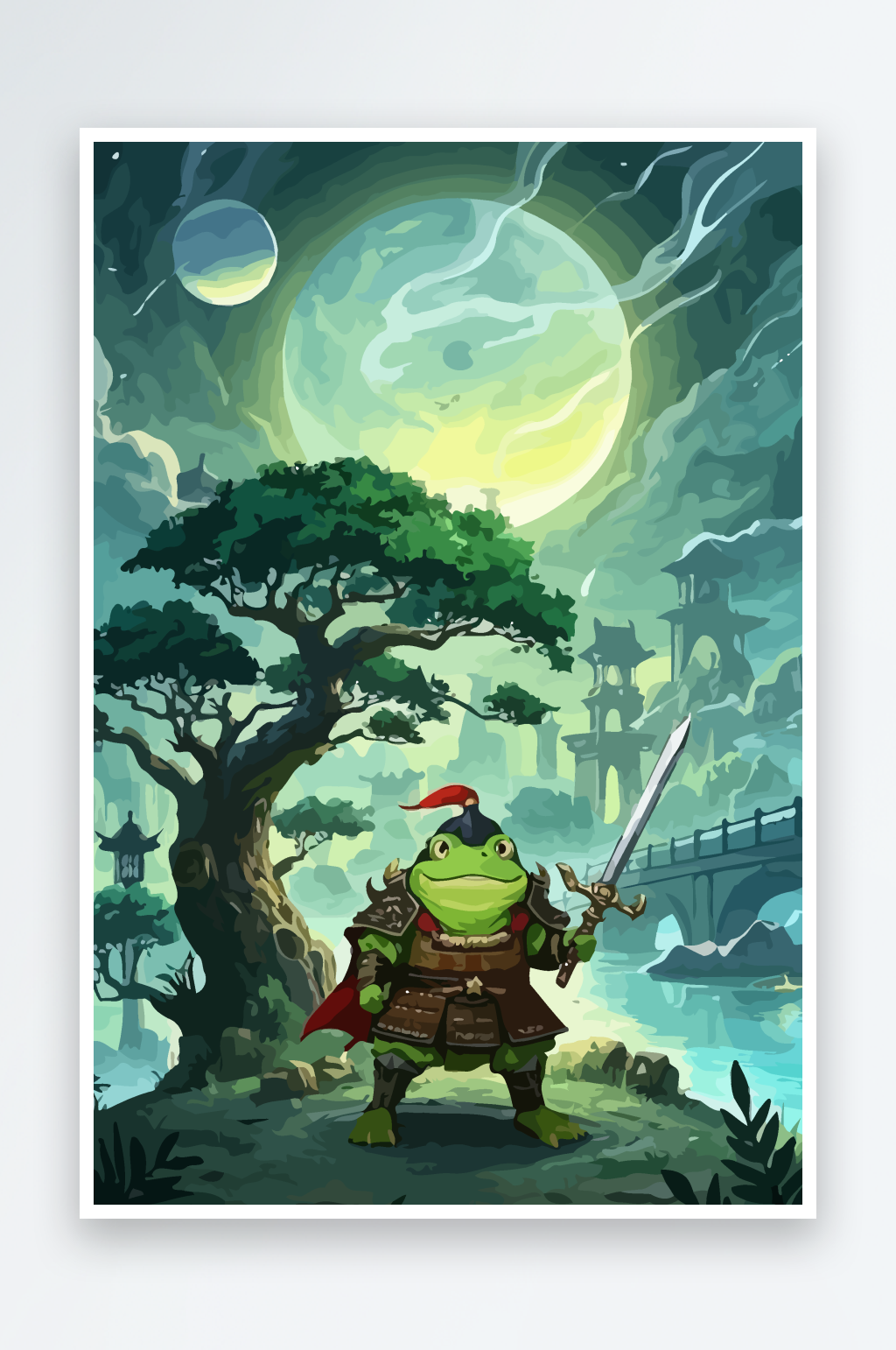 青蛙战士夜景图标插画元素素材