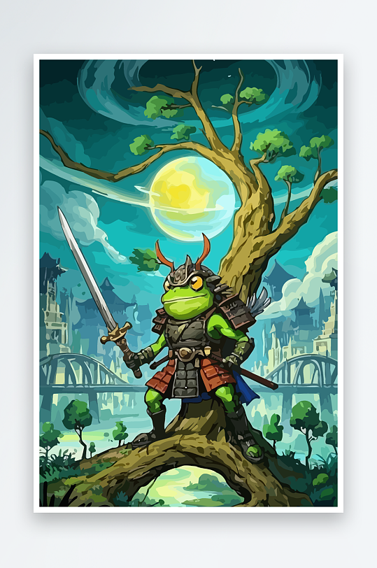 青蛙战士夜景图标插画元素-众图网