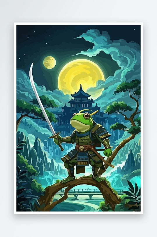 青蛙战士夜景图标插画元素-众图网