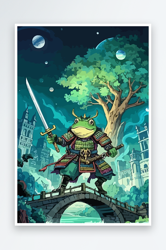 青蛙战士夜景图标插画元素-众图网