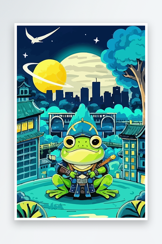 青蛙战士夜景图标插画元素-众图网