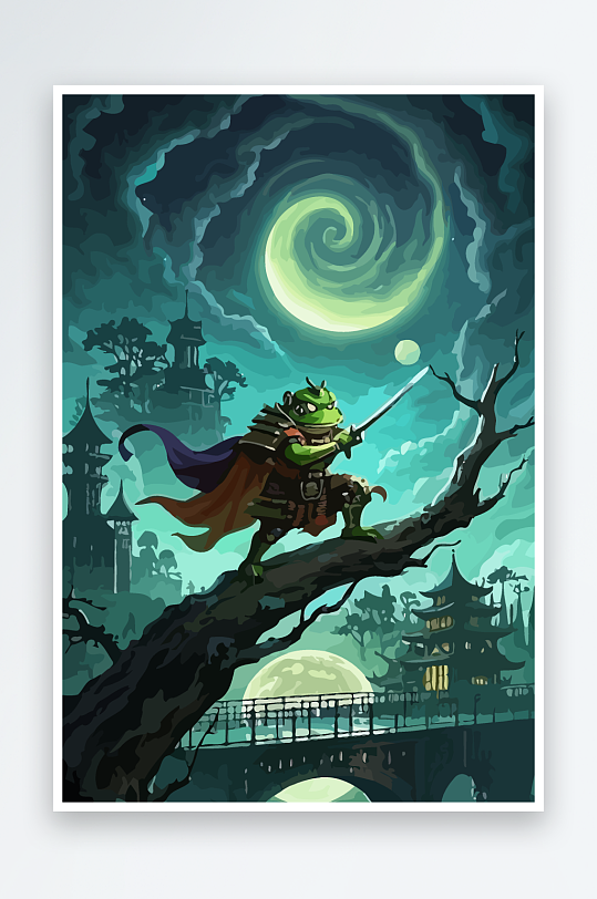 青蛙战士夜景图标插画-众图网
