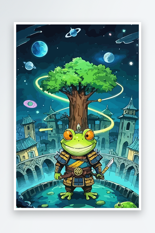 青蛙战士夜景图标插画-众图网