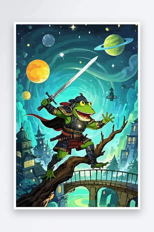 青蛙战士夜景图标插画-众图网