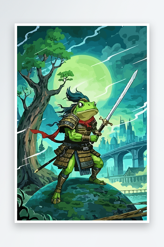 青蛙战士夜景图标插画-众图网