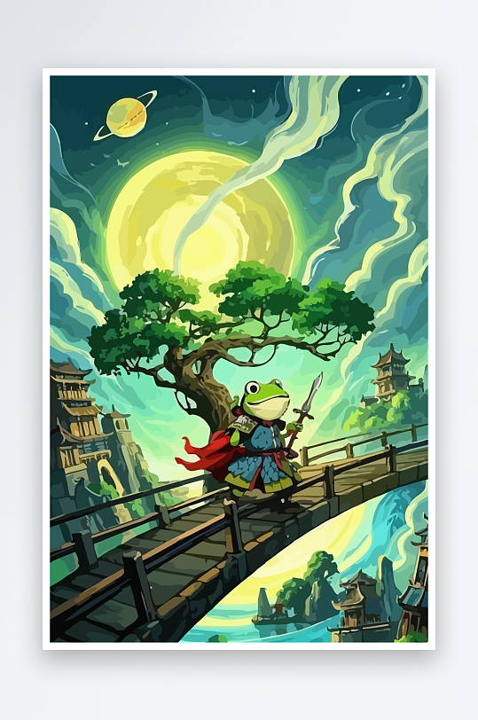 青蛙战士夜景图标插画-众图网
