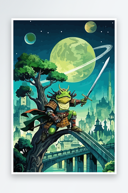 青蛙战士夜景图标插画-众图网