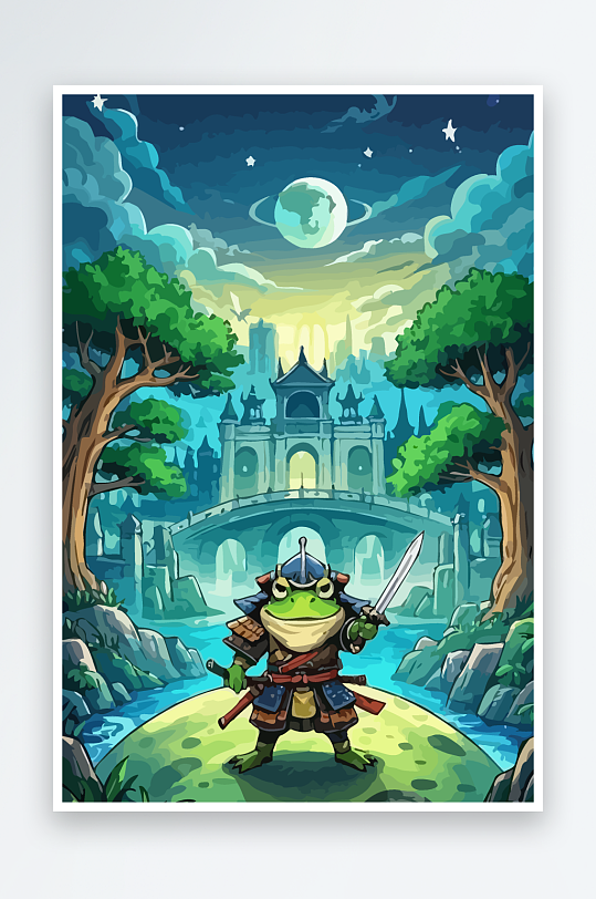 青蛙战士夜景图标插画-众图网