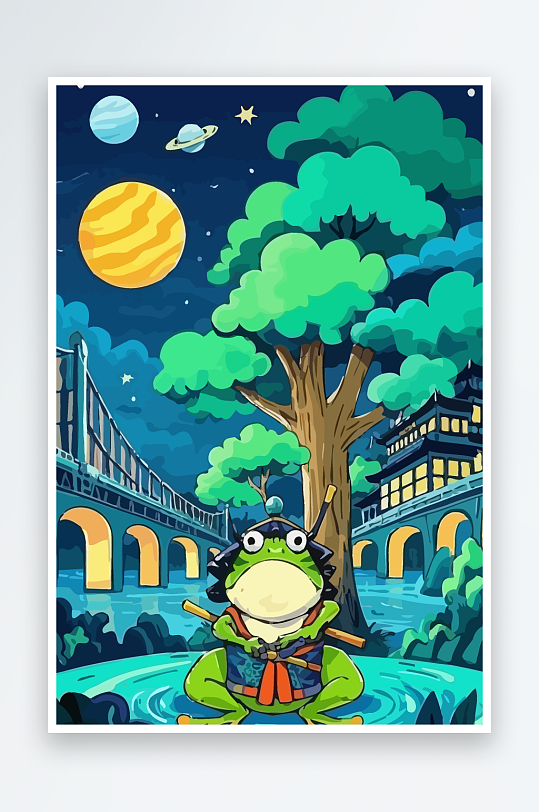 青蛙战士夜景图标插画-众图网