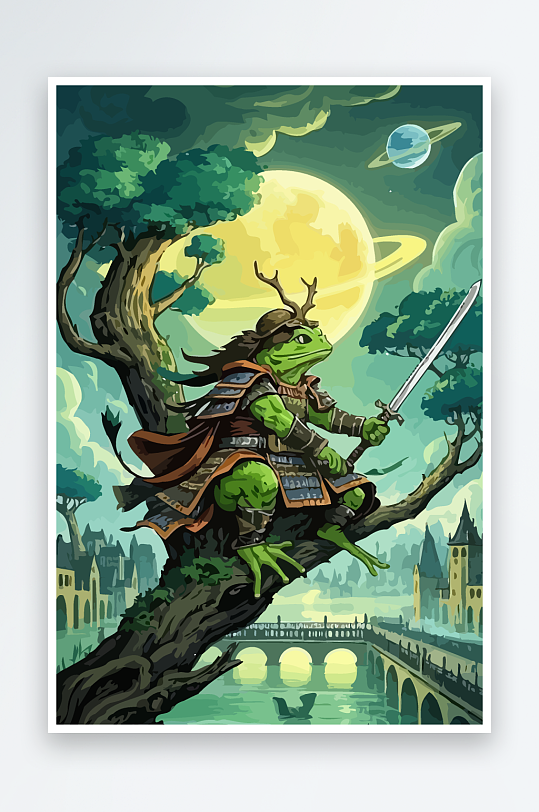 青蛙战士夜景图标插画-众图网