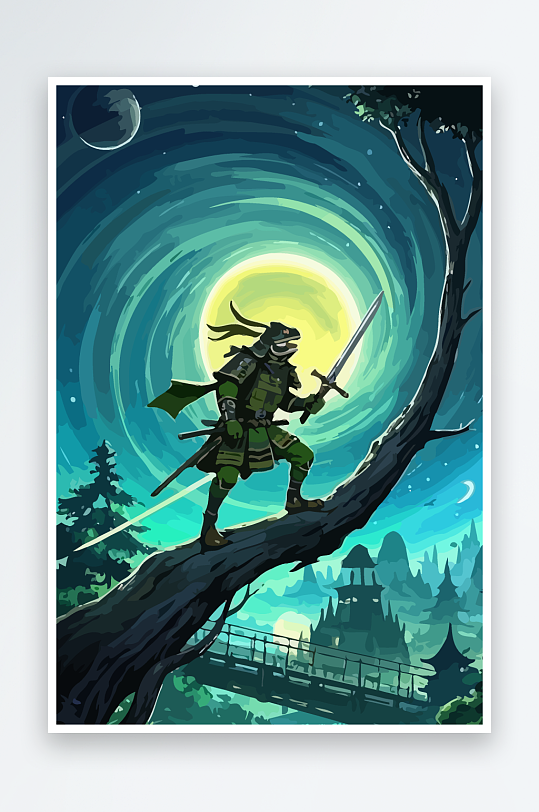 青蛙战士夜景图标插画-众图网