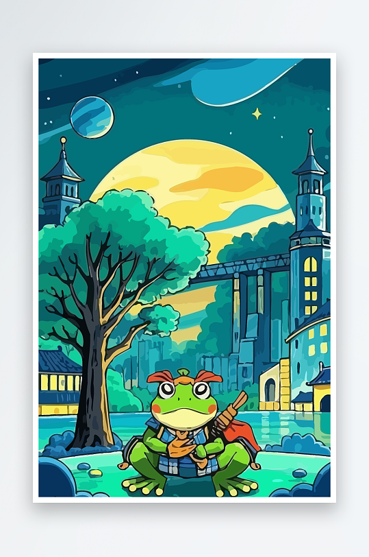 青蛙战士夜景图标插画-众图网