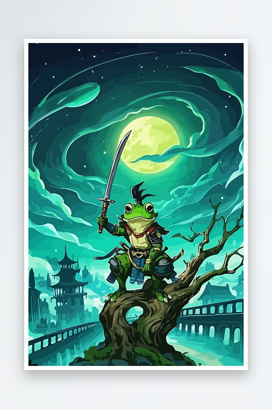 青蛙战士夜景图标插画元素-众图网