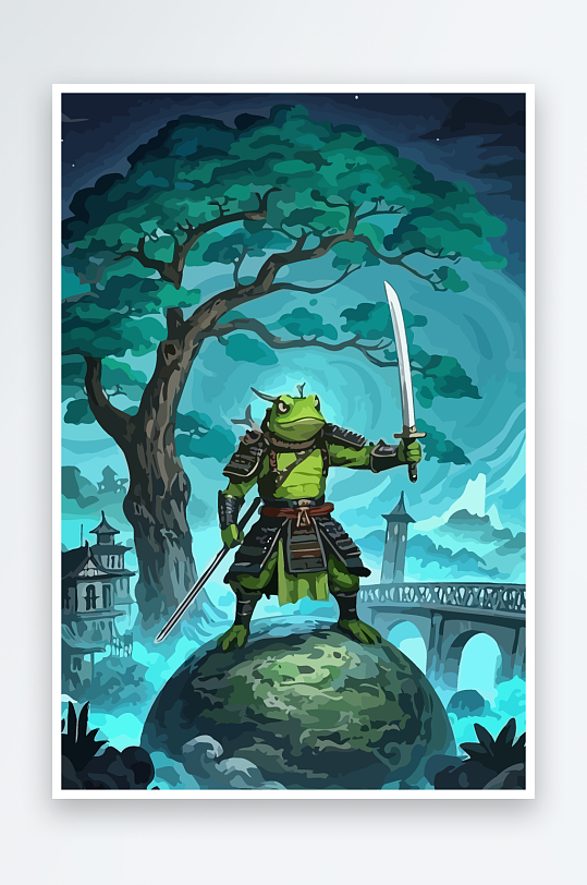 青蛙战士夜景图标插画元素-众图网