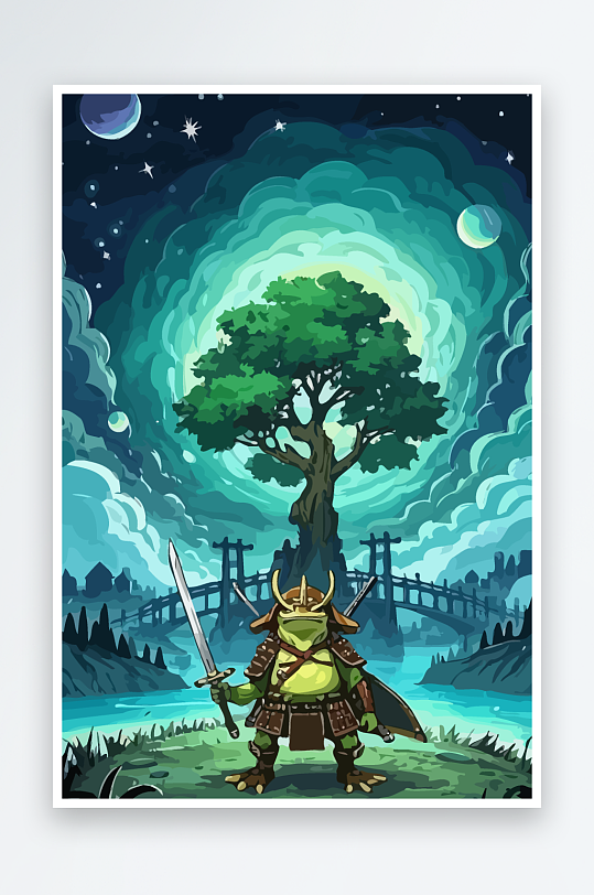 青蛙战士夜景图标插画元素-众图网