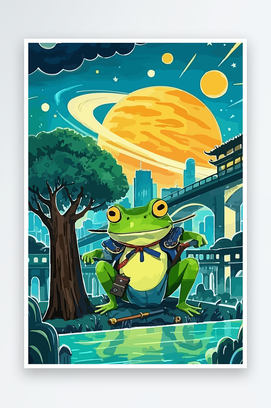 青蛙战士夜景图标插画元素-众图网