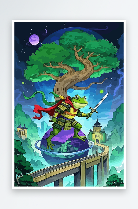 青蛙战士夜景图标插画元素-众图网