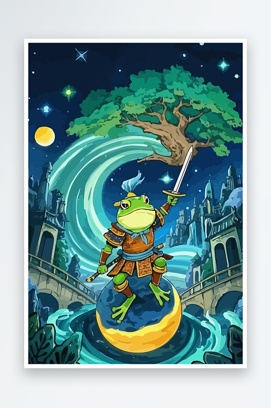 青蛙战士夜景图标插画-众图网