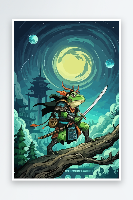 青蛙战士夜景图标插画-众图网