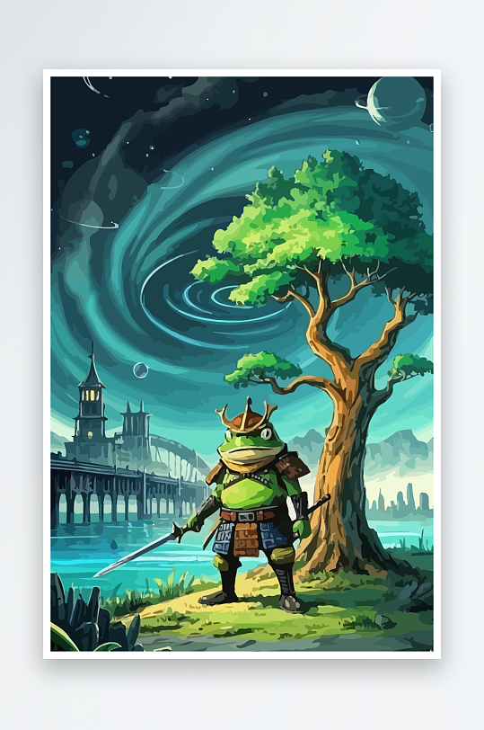 青蛙战士夜景图标插画-众图网