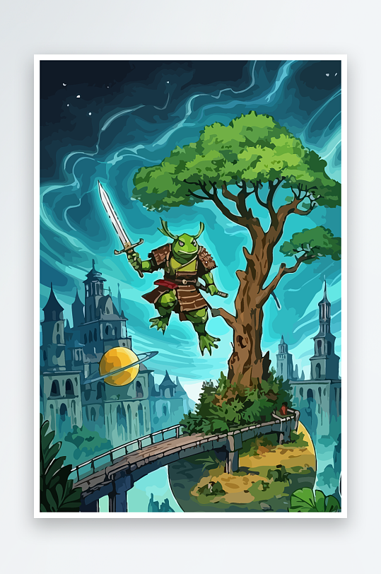 青蛙战士夜景图标插画-众图网