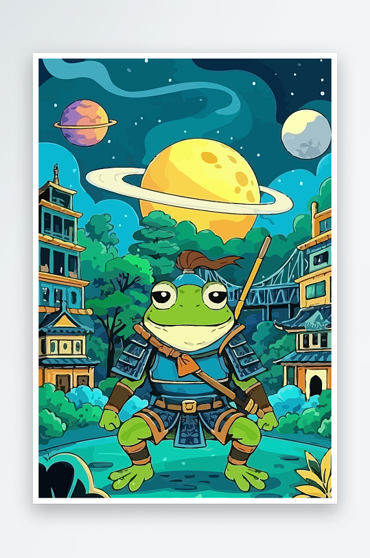 青蛙战士夜景图标插画-众图网