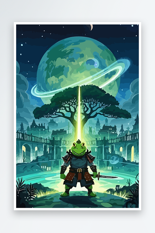青蛙战士夜景图标插画-众图网