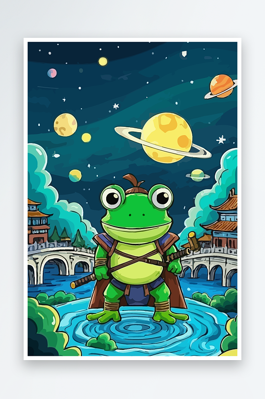 青蛙战士夜景图标插画-众图网
