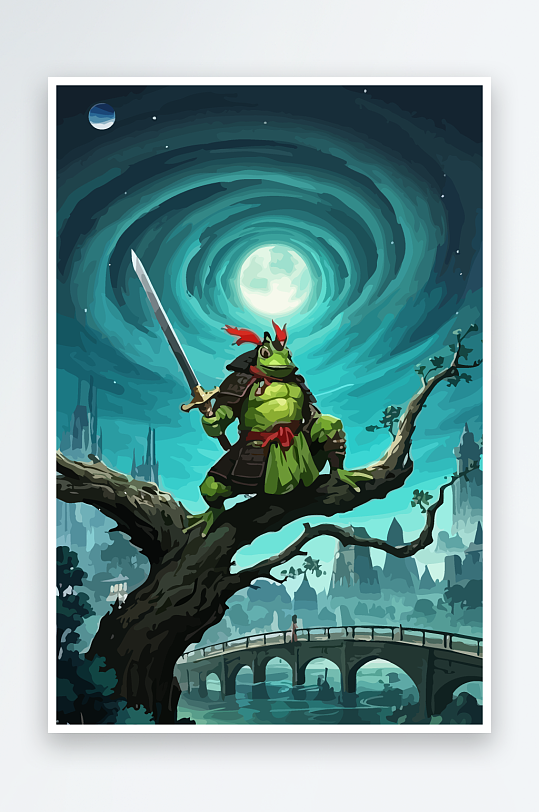 青蛙战士夜景图标插画-众图网