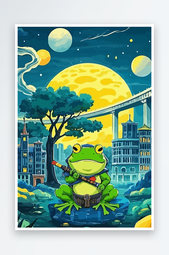 青蛙战士夜景图标插画-众图网