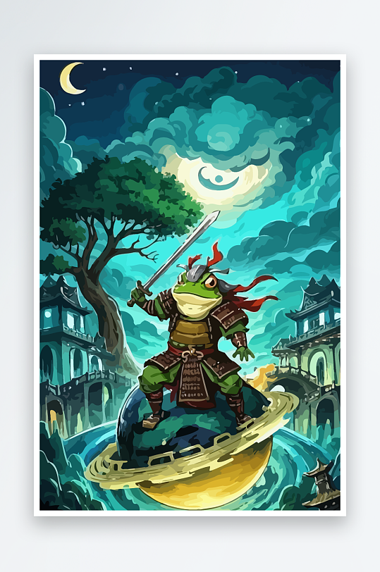 青蛙战士夜景图标插画-众图网