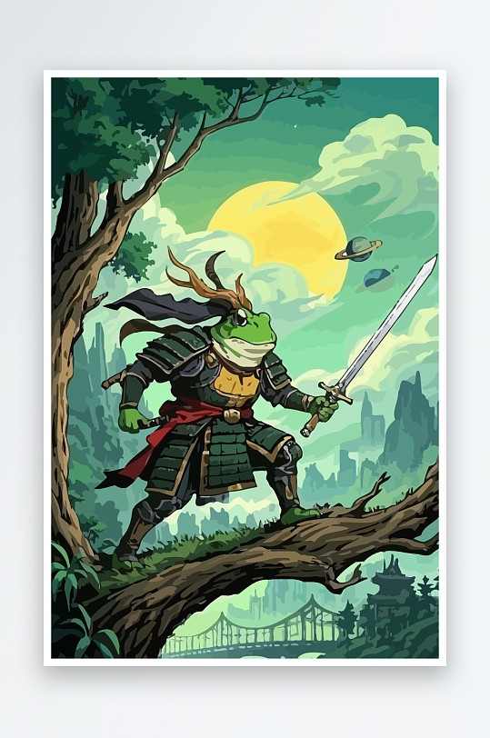 青蛙战士夜景图标插画元素-众图网