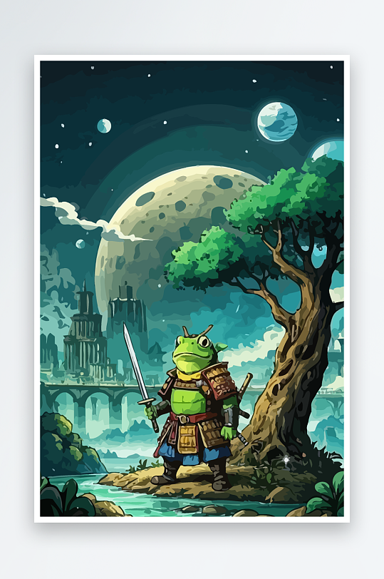 青蛙战士夜景图标插画元素-众图网
