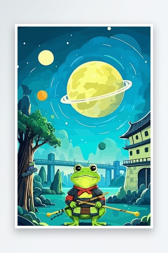青蛙战士夜景图标插画-众图网