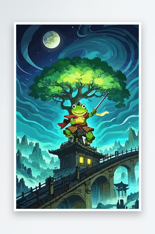 青蛙战士夜景图标插画-众图网