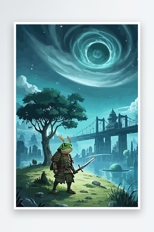 青蛙战士夜景图标插画-众图网