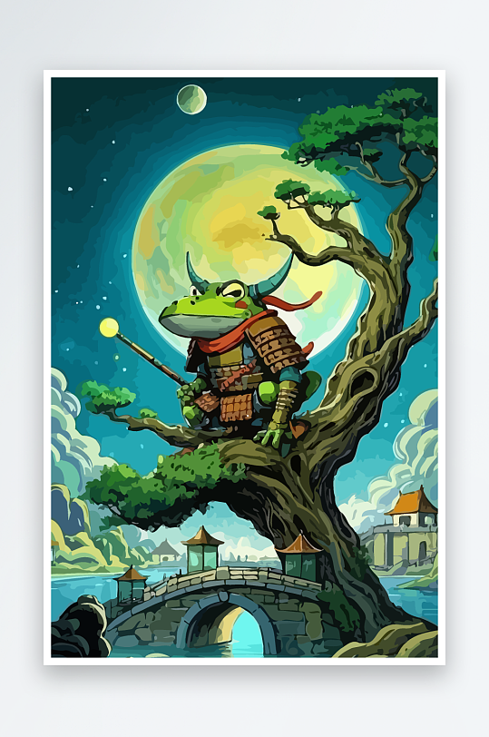 青蛙战士夜景图标插画-众图网