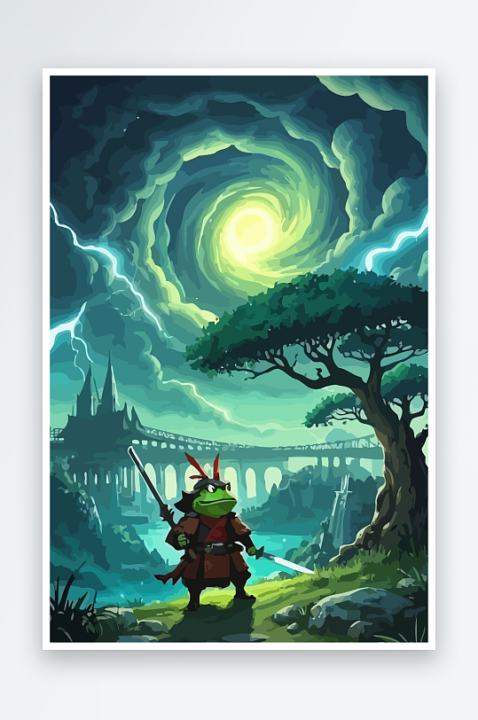 青蛙战士夜景图标插画-众图网