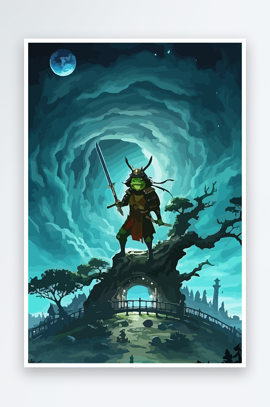 青蛙战士夜景图标插画-众图网