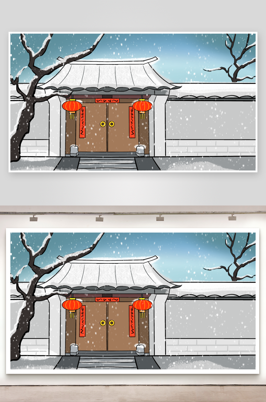 简笔画场景管理门前雪素材
