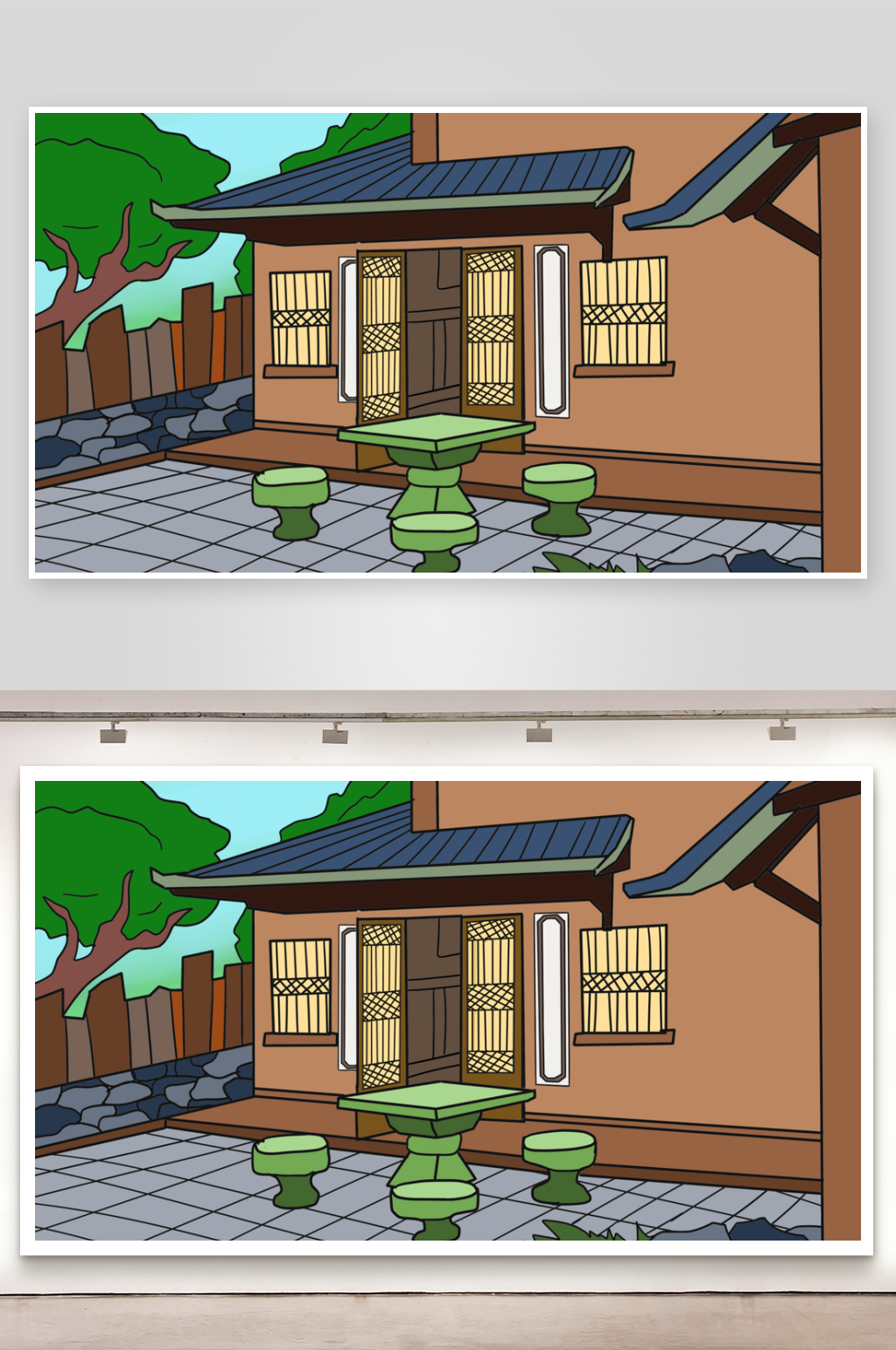 简笔画场景管理道观院子素材