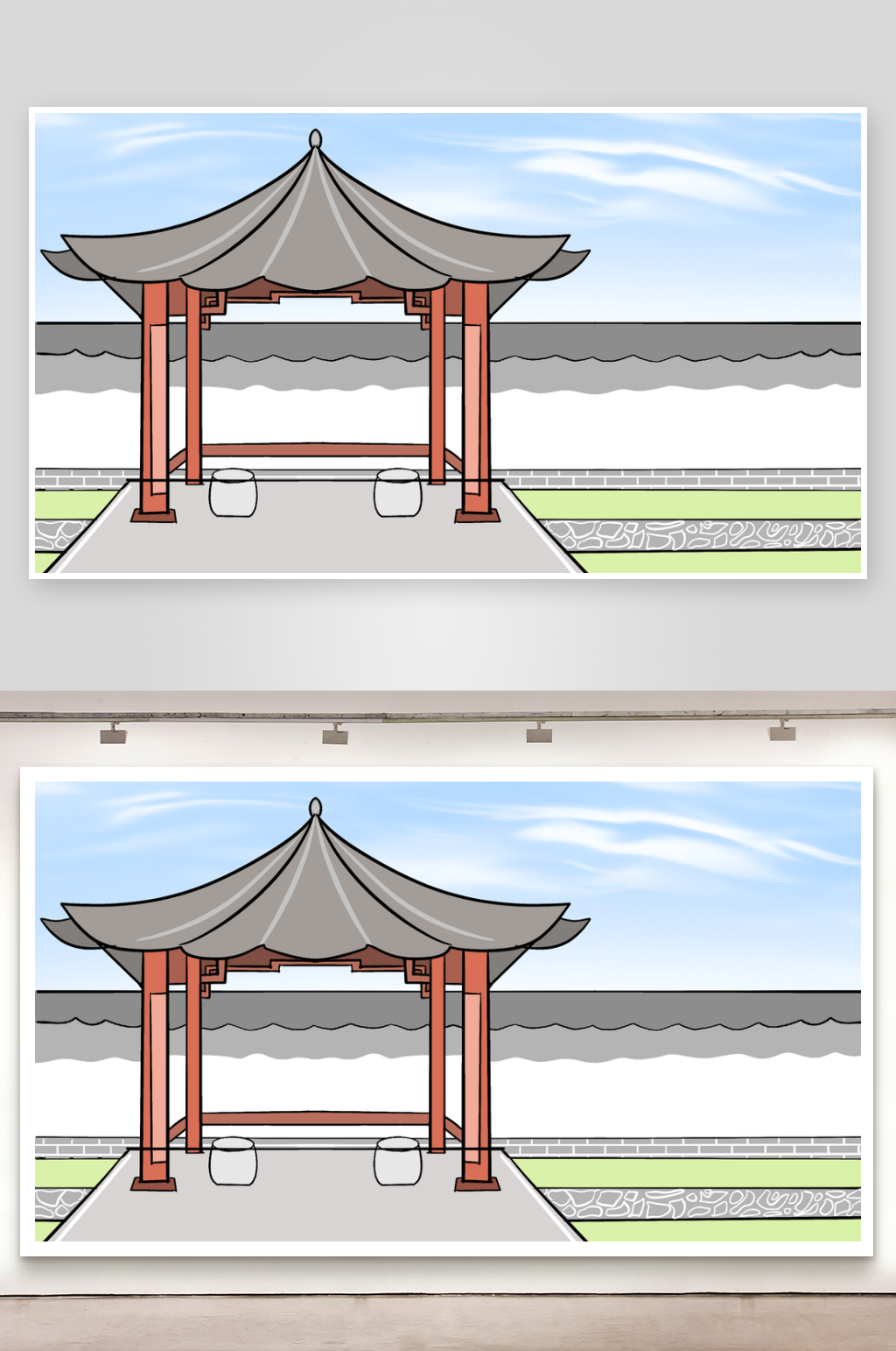 简笔画场景管理道观院子素材
