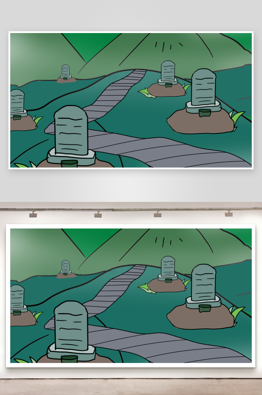 简笔画场景管理道观后山素材