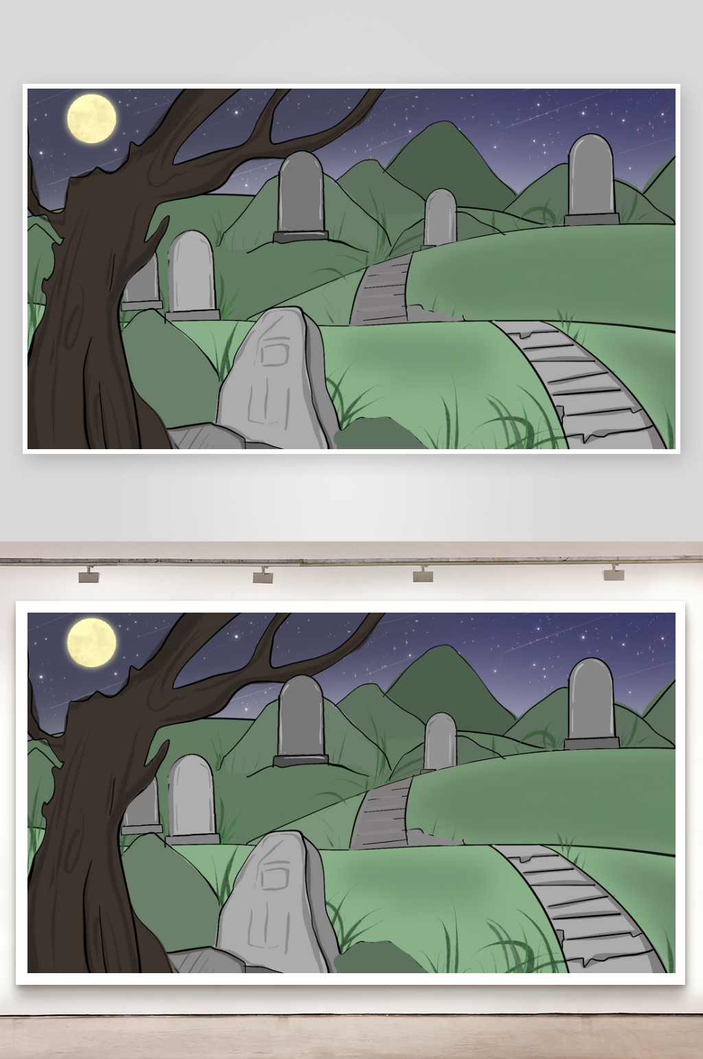 简笔画场景管理道观后山素材