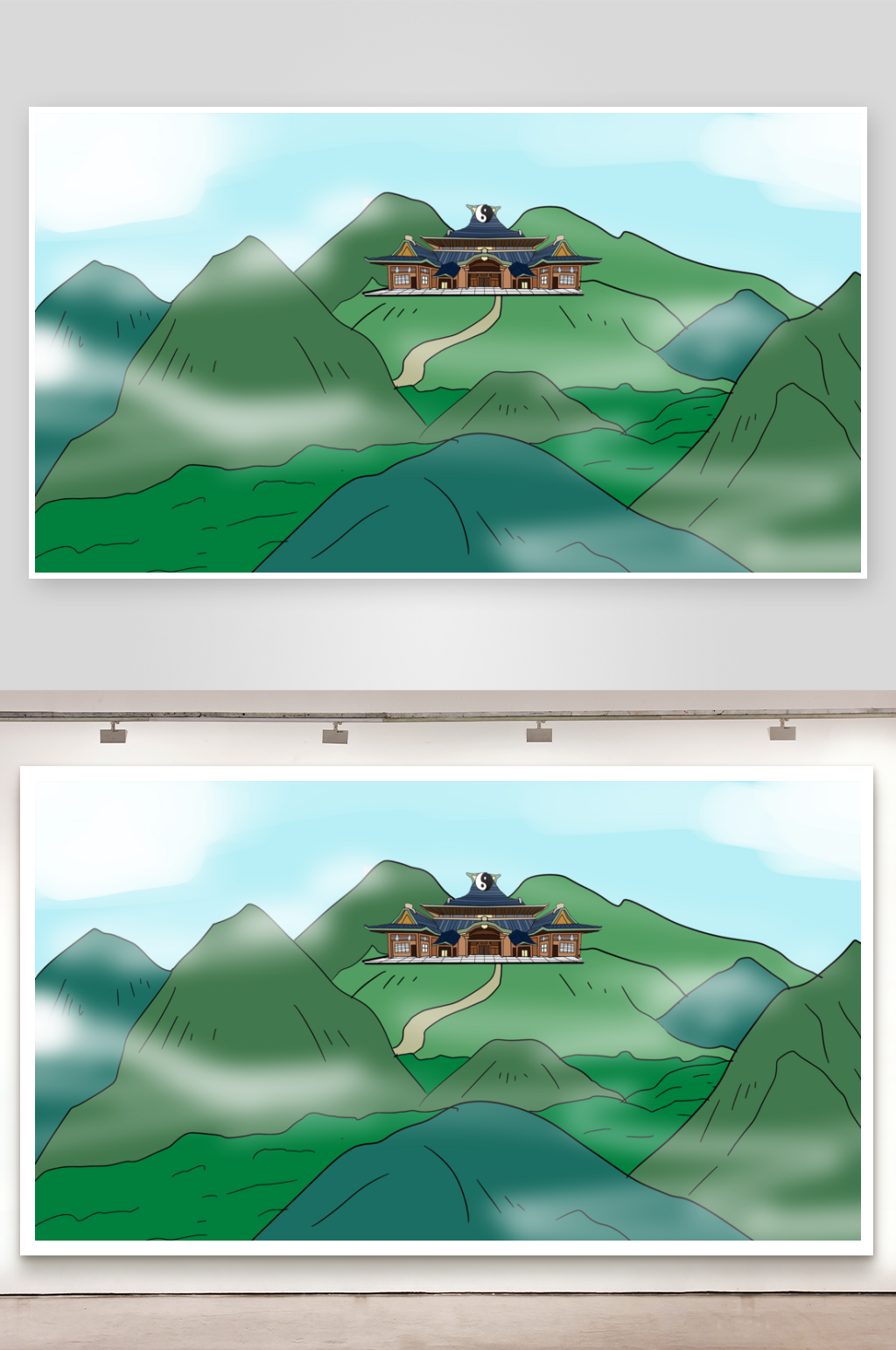简笔画场景管理道观素材