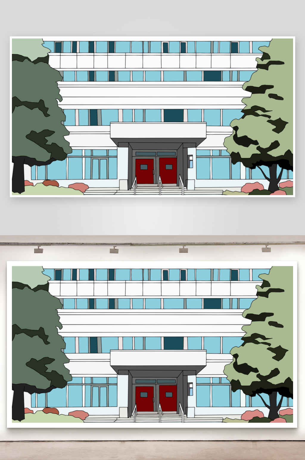 简笔画场景管理教学楼门口素材