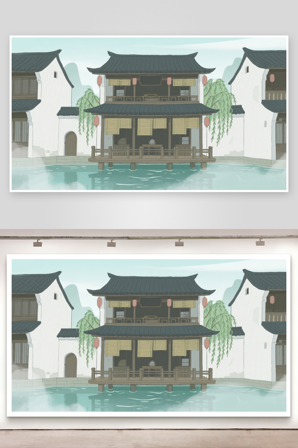 简笔画场景镇子酒楼外素材