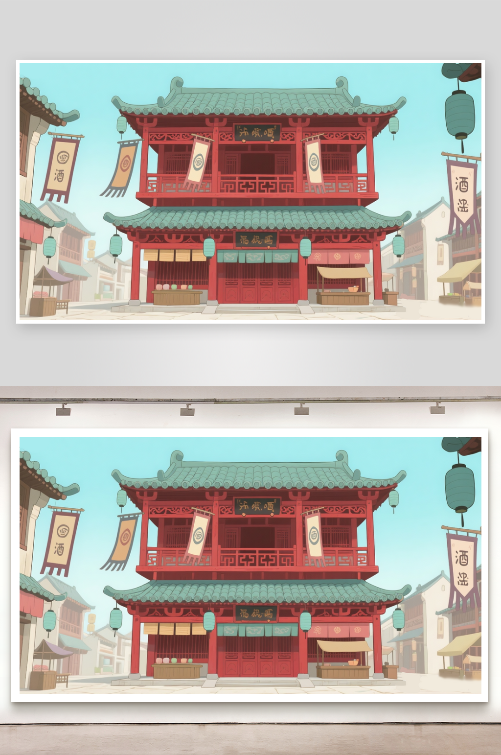 简笔画场景镇子酒楼外素材