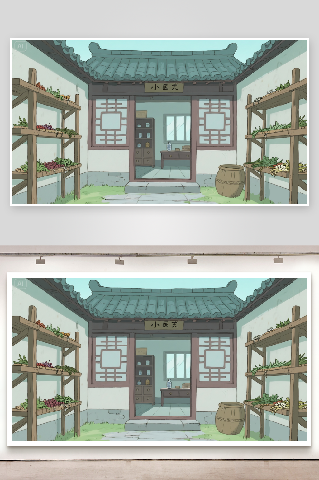 简笔画场景镇子药房后院素材