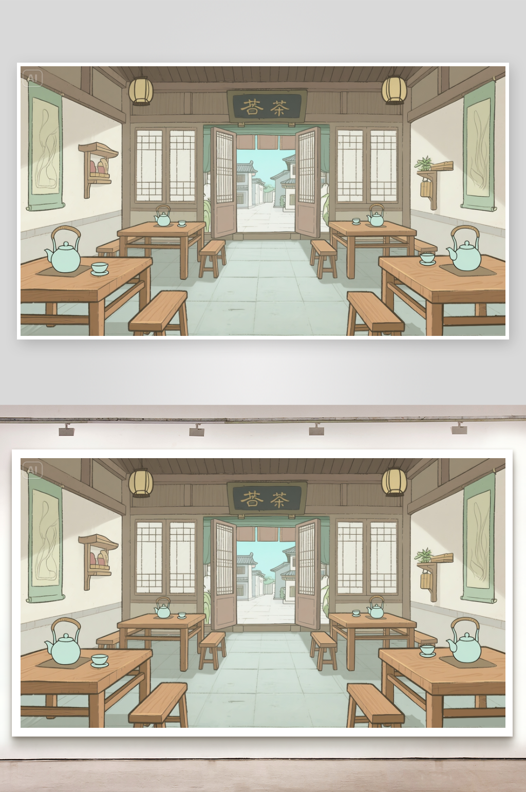 简笔画场景镇子茶馆内素材